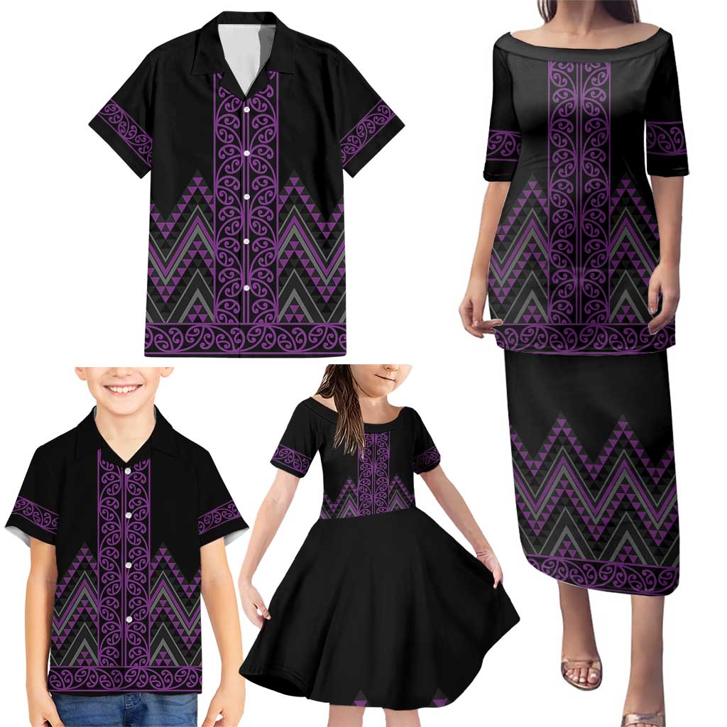 Purple Aotearoa Mangopare Kowhaiwhai and Niho Taniwha Family Matching Puletasi and Hawaiian Shirt Maori New Zealand