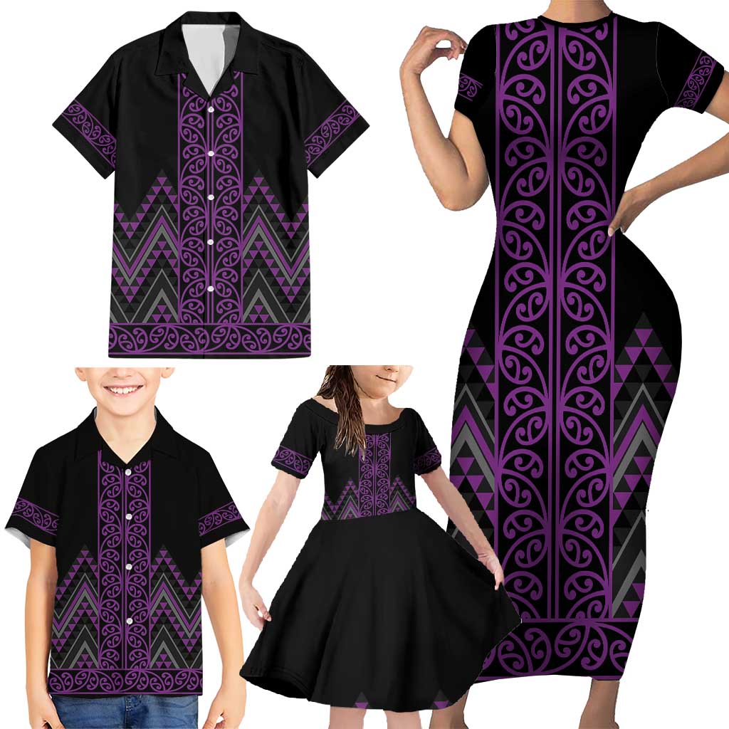 Purple Aotearoa Mangopare Kowhaiwhai and Niho Taniwha Family Matching Short Sleeve Bodycon Dress and Hawaiian Shirt Maori New Zealand
