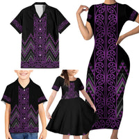 Purple Aotearoa Mangopare Kowhaiwhai and Niho Taniwha Family Matching Short Sleeve Bodycon Dress and Hawaiian Shirt Maori New Zealand