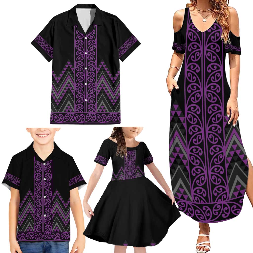 Purple Aotearoa Mangopare Kowhaiwhai and Niho Taniwha Family Matching Summer Maxi Dress and Hawaiian Shirt Maori New Zealand
