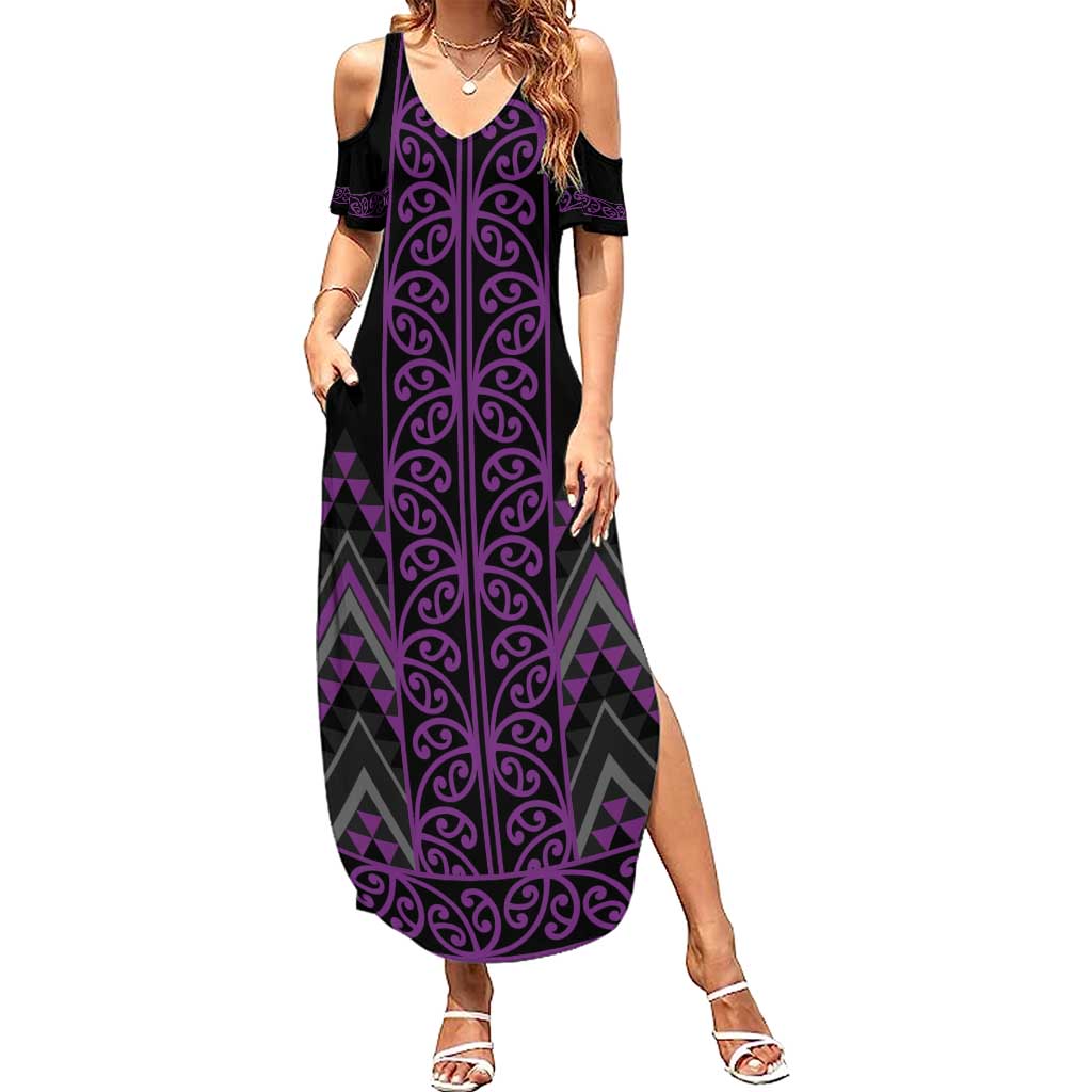 Purple Aotearoa Mangopare Kowhaiwhai and Niho Taniwha Family Matching Summer Maxi Dress and Hawaiian Shirt Maori New Zealand
