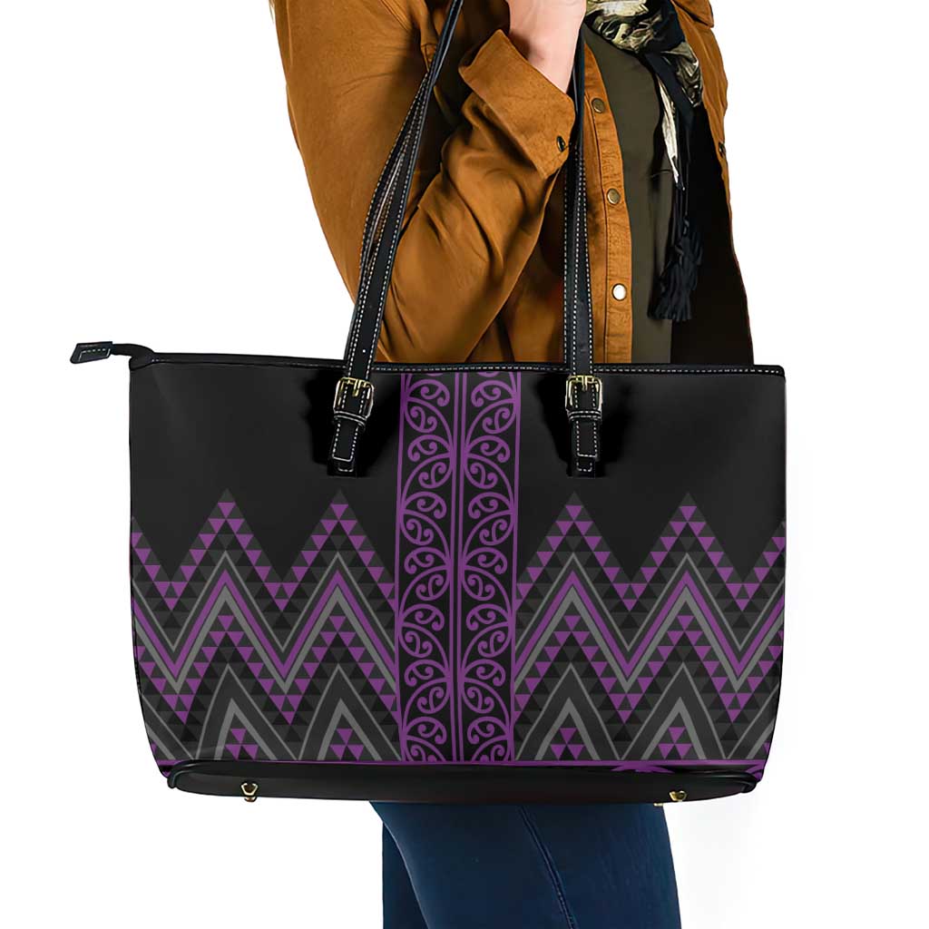 Purple Aotearoa Mangopare Kowhaiwhai and Niho Taniwha Leather Tote Bag Maori New Zealand