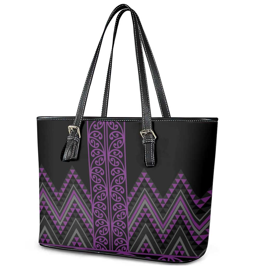 Purple Aotearoa Mangopare Kowhaiwhai and Niho Taniwha Leather Tote Bag Maori New Zealand