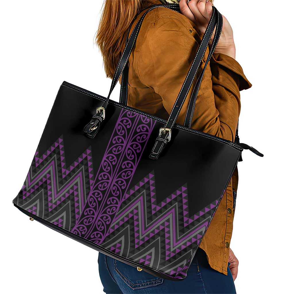 Purple Aotearoa Mangopare Kowhaiwhai and Niho Taniwha Leather Tote Bag Maori New Zealand