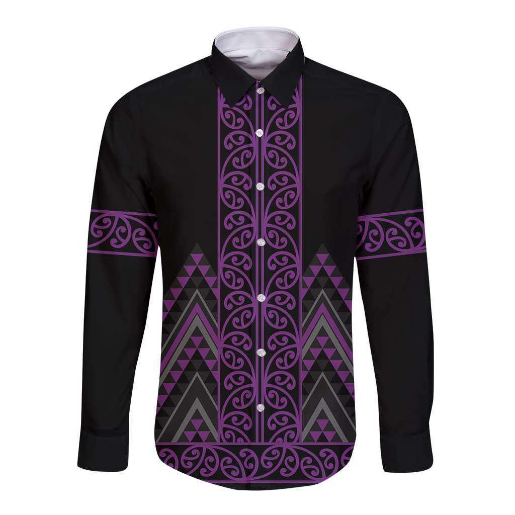 Purple Aotearoa Mangopare Kowhaiwhai and Niho Taniwha Long Sleeve Button Shirt Maori New Zealand