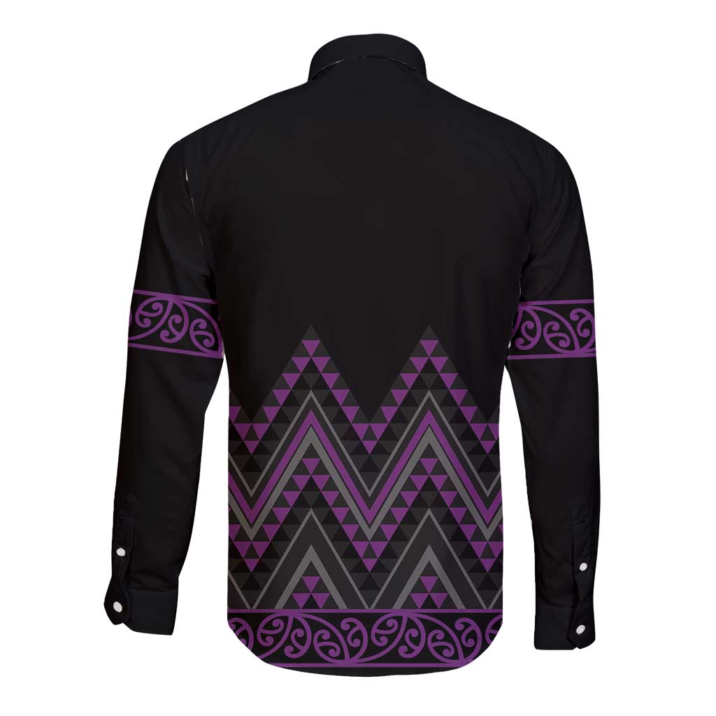 Purple Aotearoa Mangopare Kowhaiwhai and Niho Taniwha Long Sleeve Button Shirt Maori New Zealand