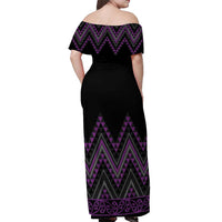 Purple Aotearoa Mangopare Kowhaiwhai and Niho Taniwha Off Shoulder Maxi Dress Maori New Zealand