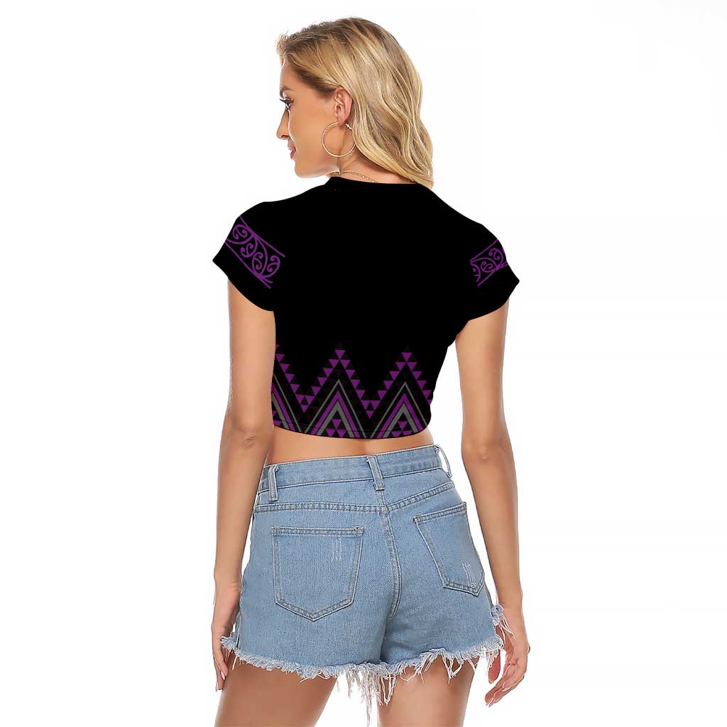 Purple Aotearoa Mangopare Kowhaiwhai and Niho Taniwha Raglan Cropped T Shirt Maori New Zealand