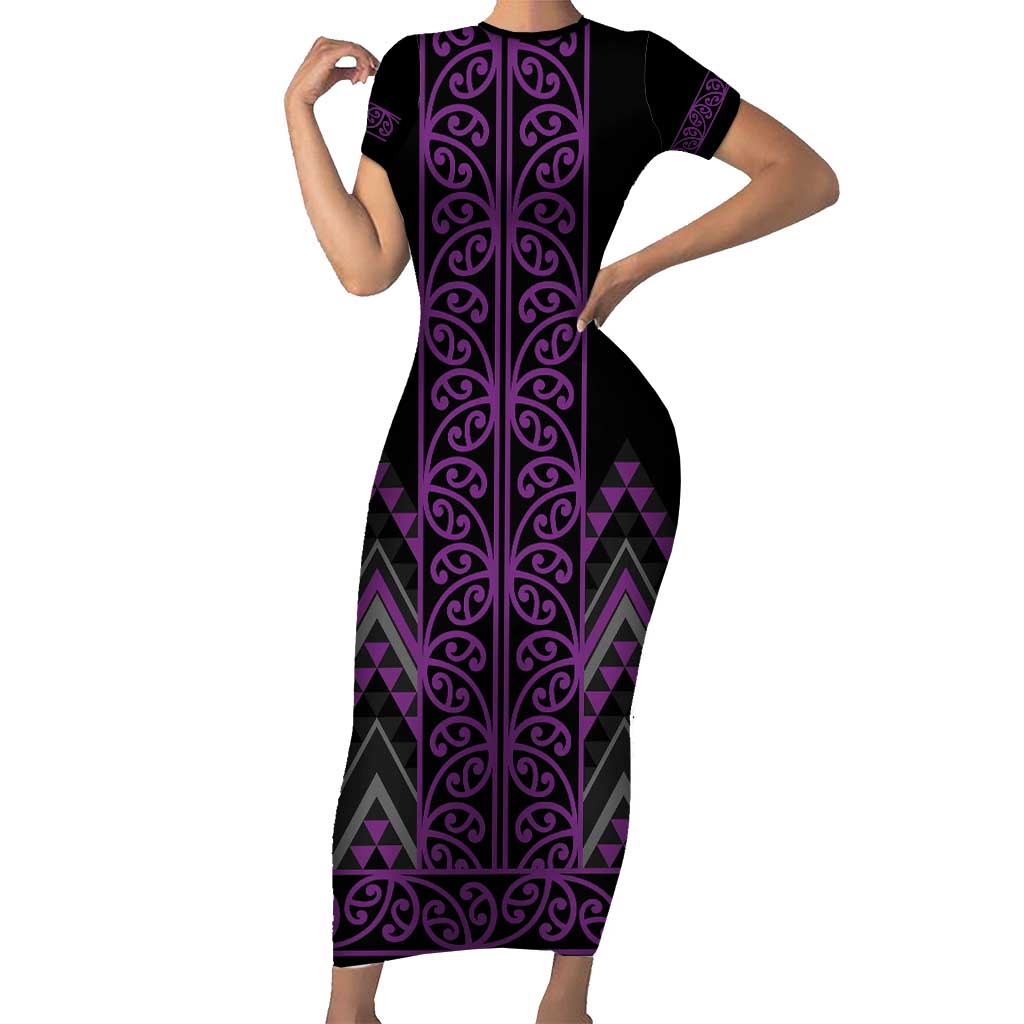 Purple Aotearoa Mangopare Kowhaiwhai and Niho Taniwha Short Sleeve Bodycon Dress Maori New Zealand