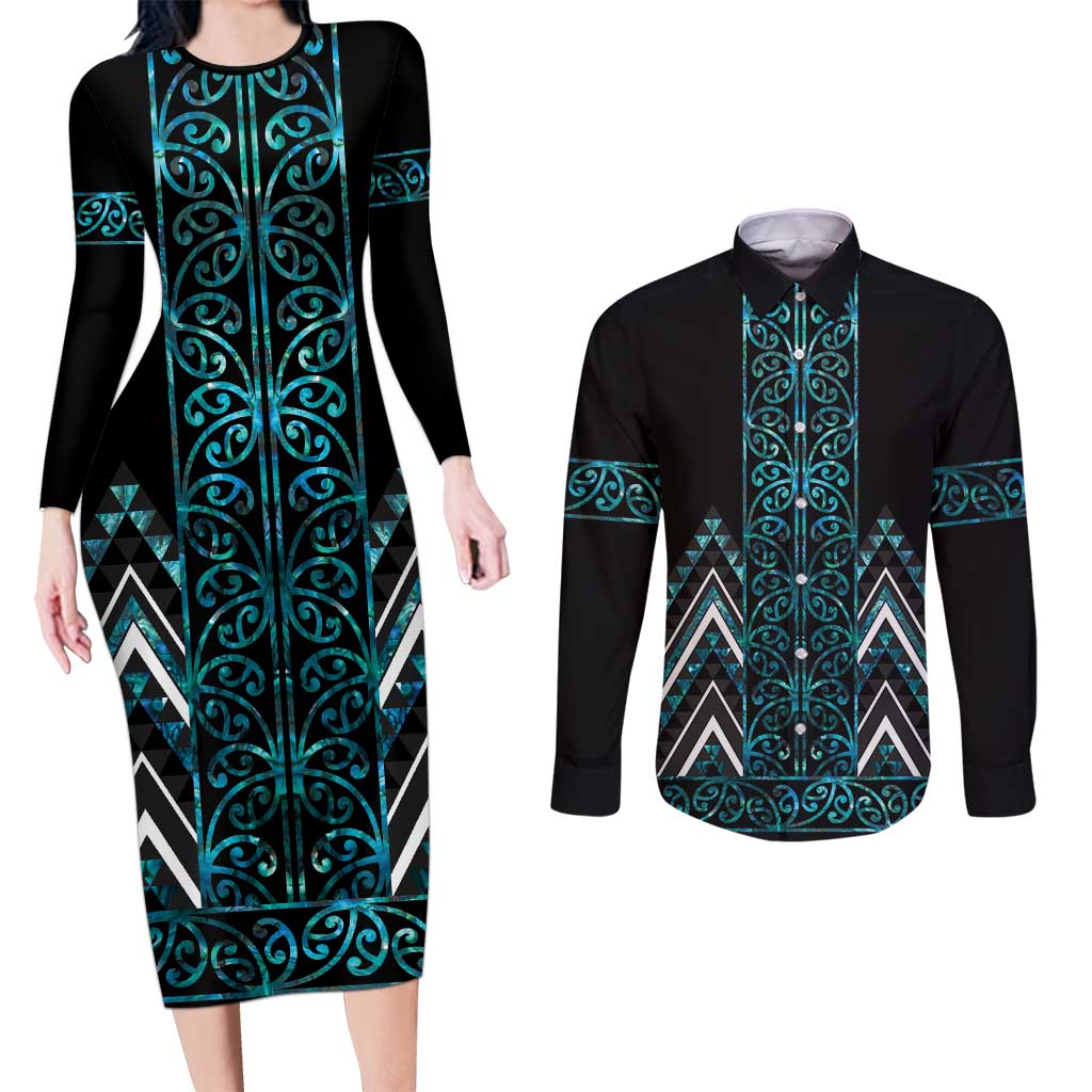 Paua Shell Aotearoa Mangopare Kowhaiwhai and Niho Taniwha Couples Matching Long Sleeve Bodycon Dress and Long Sleeve Button Shirt Maori New Zealand