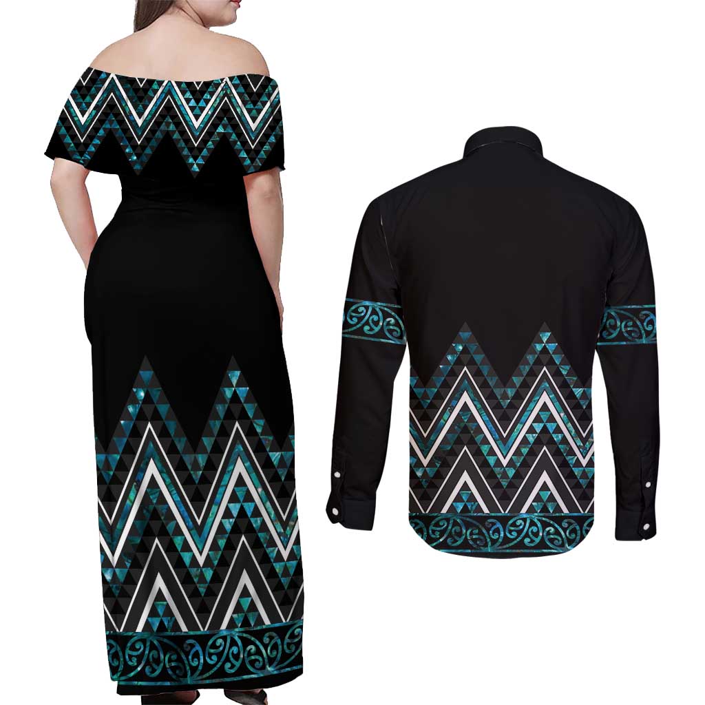 Paua Shell Aotearoa Mangopare Kowhaiwhai and Niho Taniwha Couples Matching Off Shoulder Maxi Dress and Long Sleeve Button Shirt Maori New Zealand