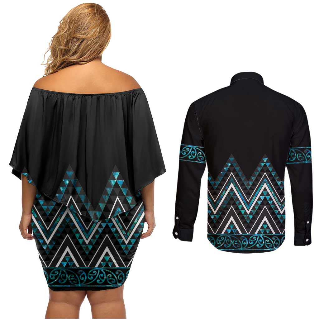 Paua Shell Aotearoa Mangopare Kowhaiwhai and Niho Taniwha Couples Matching Off Shoulder Short Dress and Long Sleeve Button Shirt Maori New Zealand