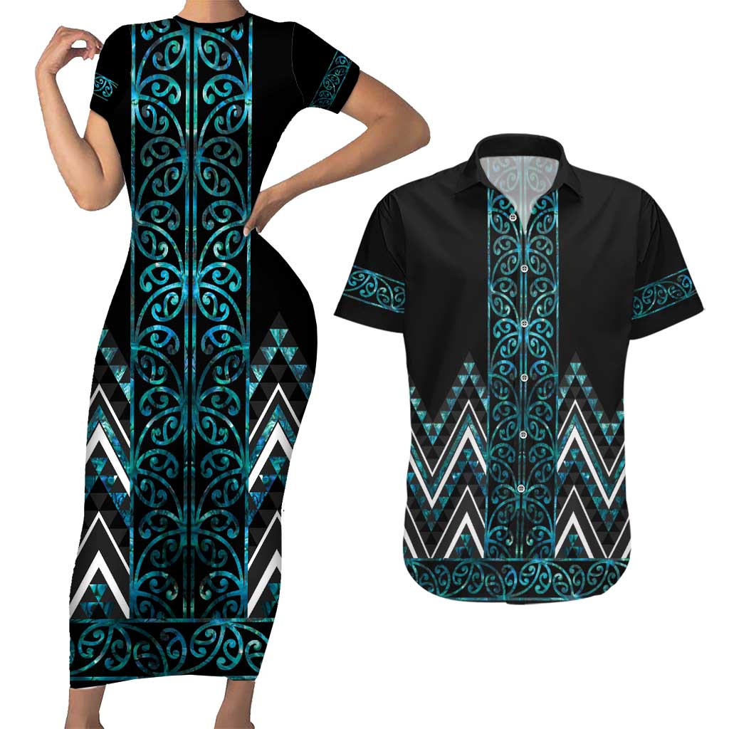 Paua Shell Aotearoa Mangopare Kowhaiwhai and Niho Taniwha Couples Matching Short Sleeve Bodycon Dress and Hawaiian Shirt Maori New Zealand