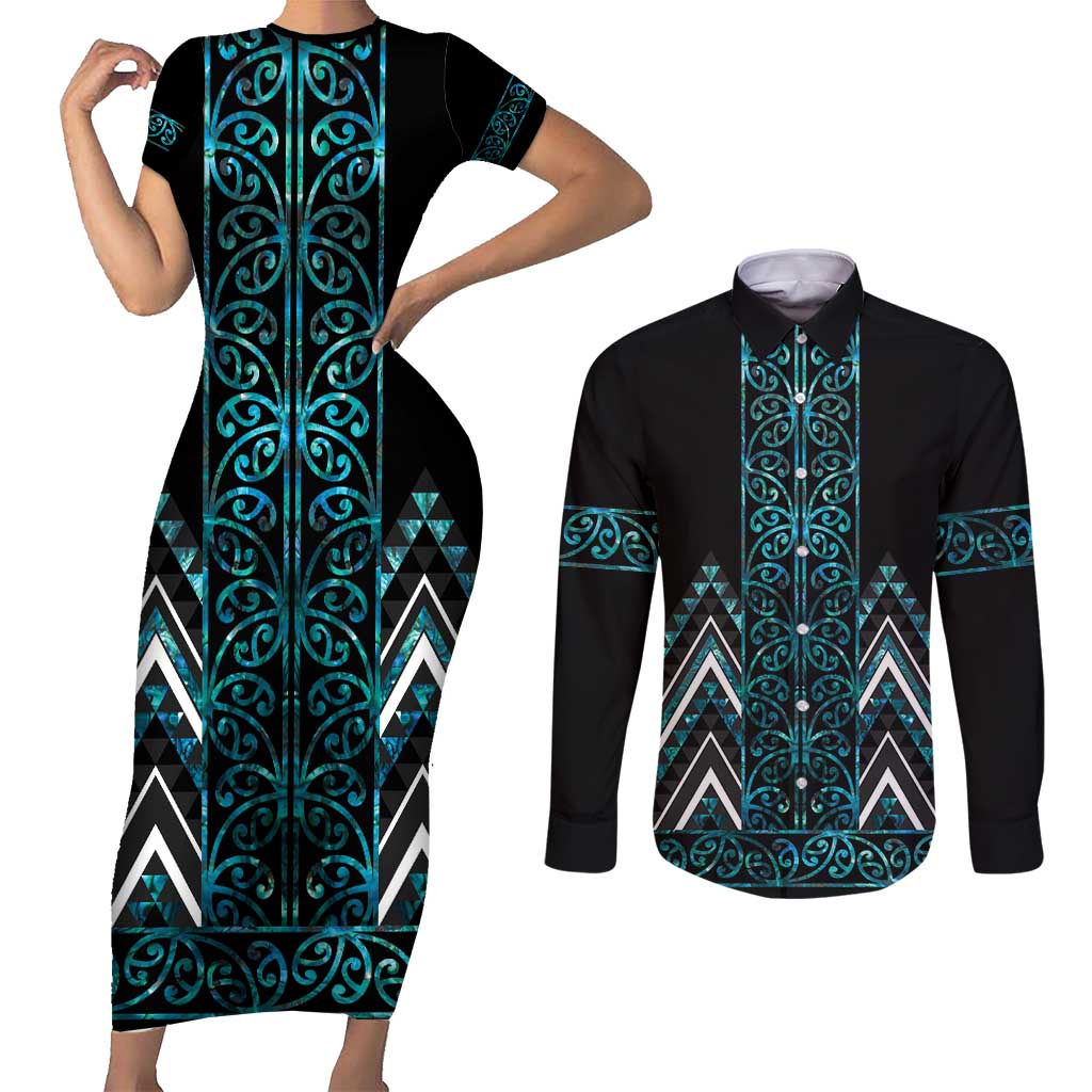 Paua Shell Aotearoa Mangopare Kowhaiwhai and Niho Taniwha Couples Matching Short Sleeve Bodycon Dress and Long Sleeve Button Shirt Maori New Zealand