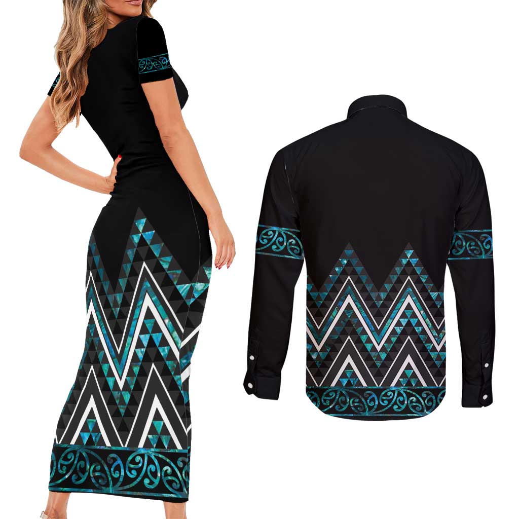 Paua Shell Aotearoa Mangopare Kowhaiwhai and Niho Taniwha Couples Matching Short Sleeve Bodycon Dress and Long Sleeve Button Shirt Maori New Zealand
