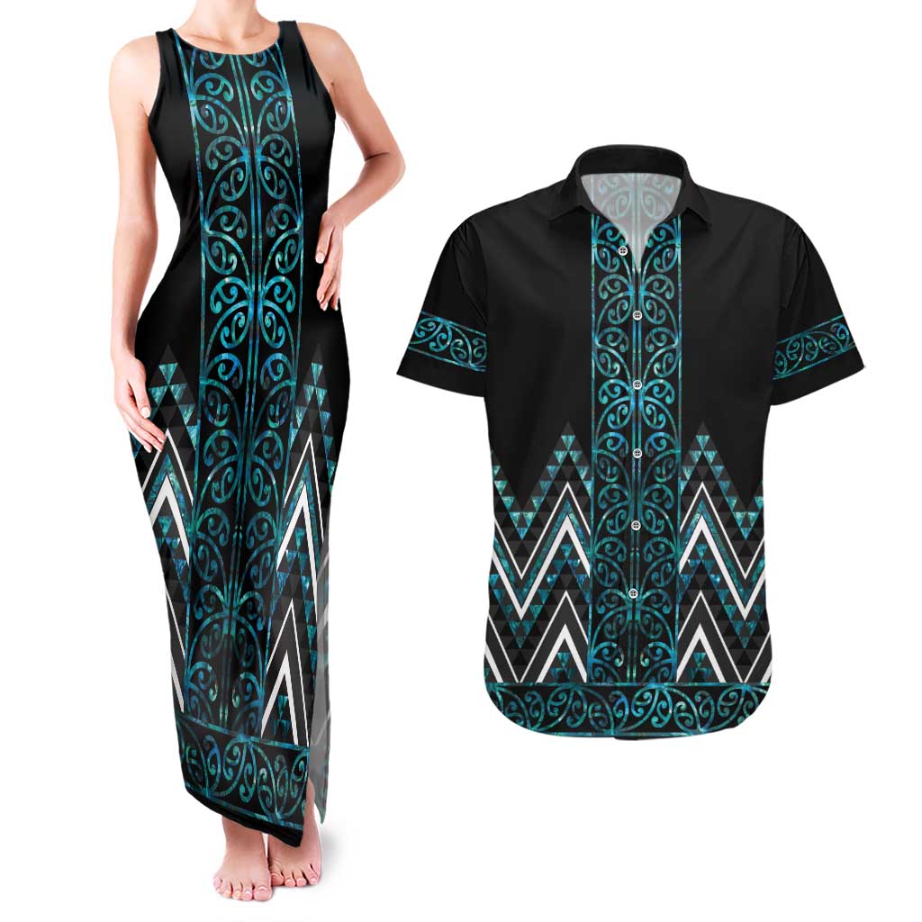 Paua Shell Aotearoa Mangopare Kowhaiwhai and Niho Taniwha Couples Matching Tank Maxi Dress and Hawaiian Shirt Maori New Zealand
