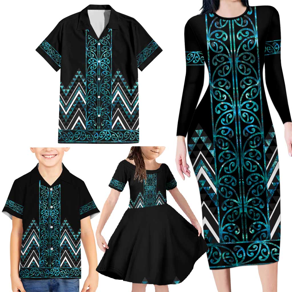Paua Shell Aotearoa Mangopare Kowhaiwhai and Niho Taniwha Family Matching Long Sleeve Bodycon Dress and Hawaiian Shirt Maori New Zealand