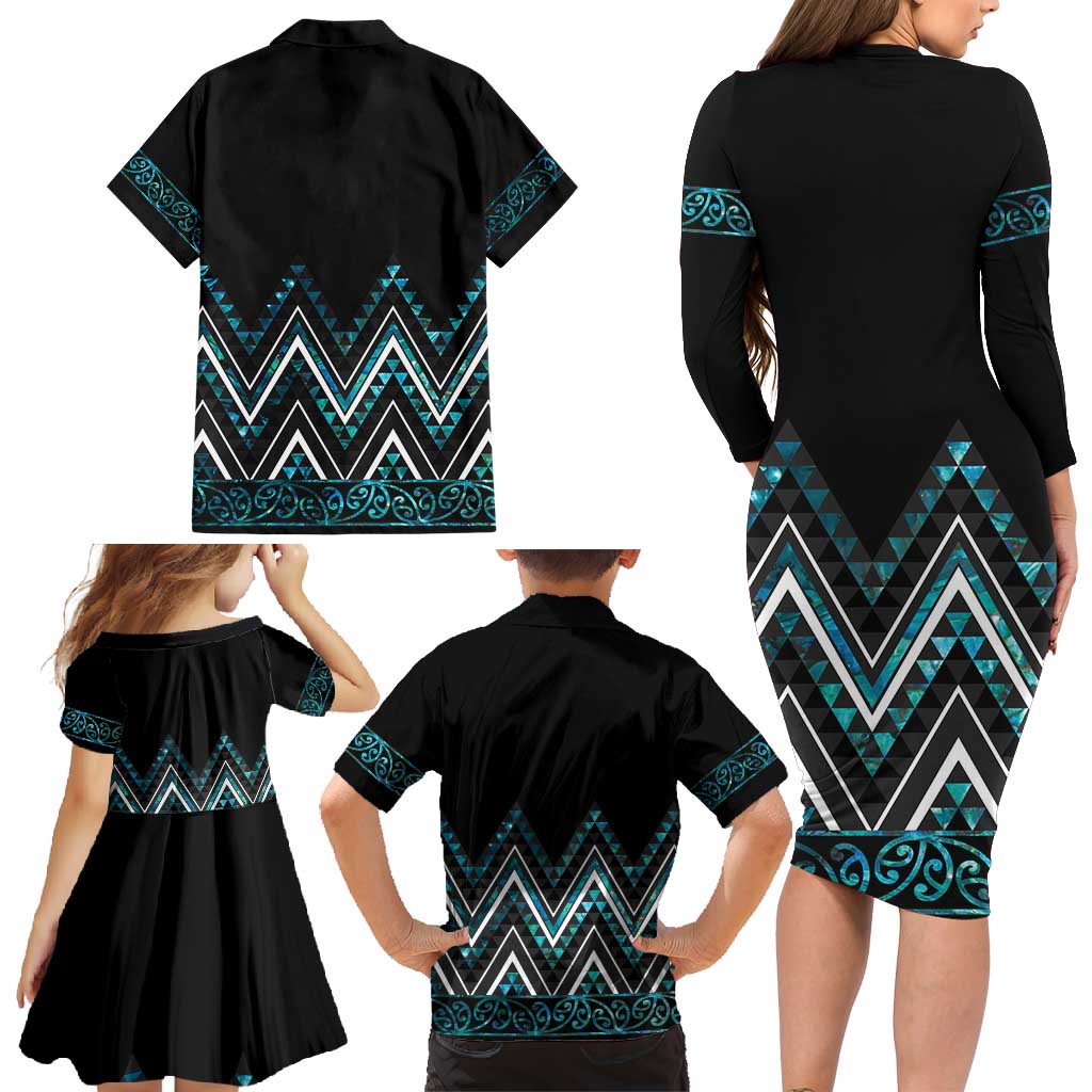 Paua Shell Aotearoa Mangopare Kowhaiwhai and Niho Taniwha Family Matching Long Sleeve Bodycon Dress and Hawaiian Shirt Maori New Zealand