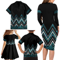 Paua Shell Aotearoa Mangopare Kowhaiwhai and Niho Taniwha Family Matching Long Sleeve Bodycon Dress and Hawaiian Shirt Maori New Zealand