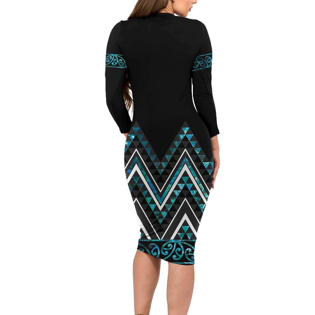 Paua Shell Aotearoa Mangopare Kowhaiwhai and Niho Taniwha Family Matching Long Sleeve Bodycon Dress and Hawaiian Shirt Maori New Zealand
