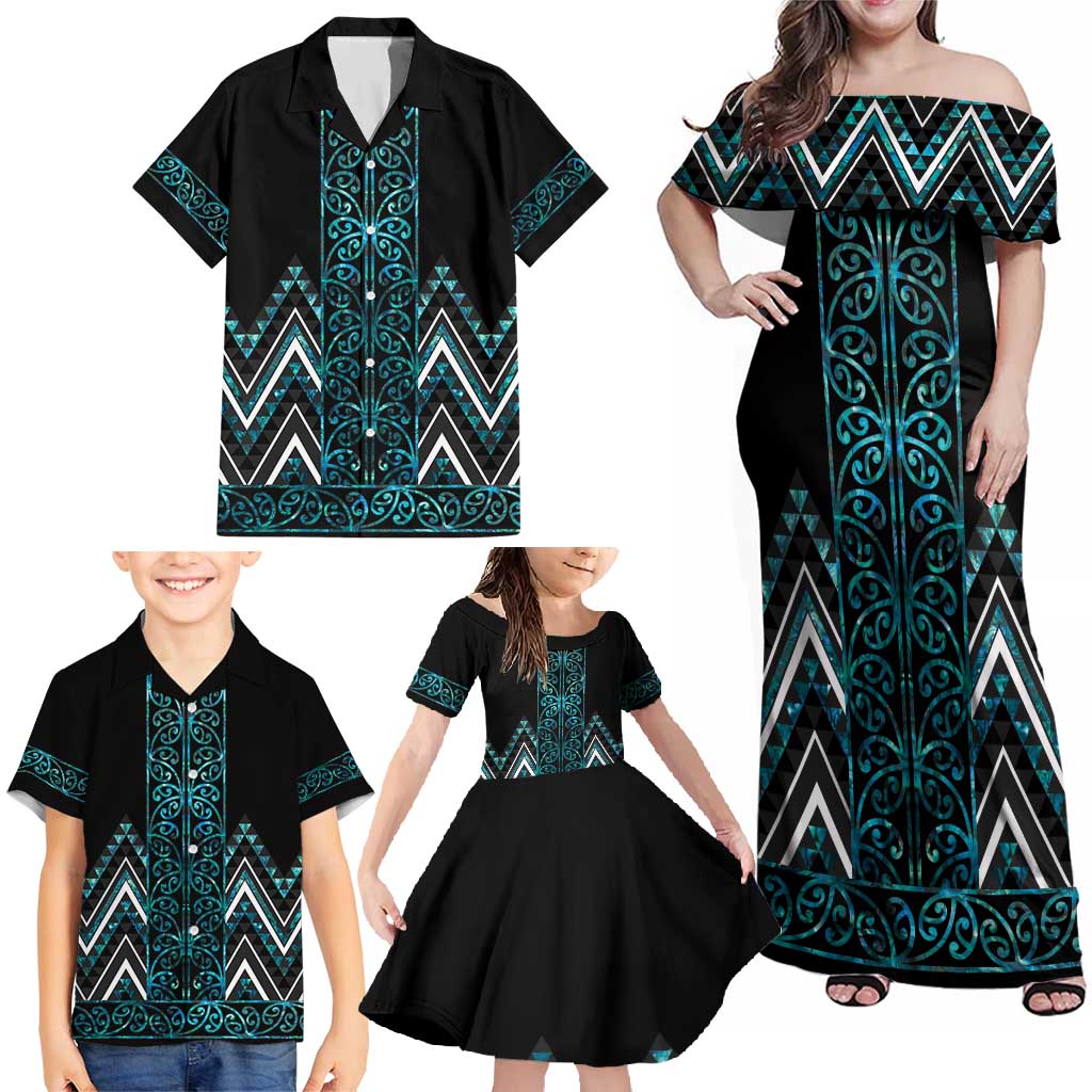 Paua Shell Aotearoa Mangopare Kowhaiwhai and Niho Taniwha Family Matching Off Shoulder Maxi Dress and Hawaiian Shirt Maori New Zealand