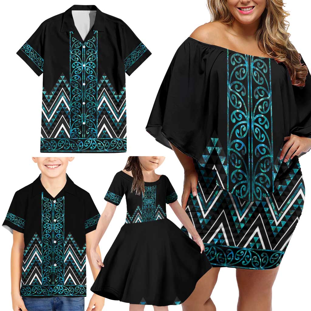 Paua Shell Aotearoa Mangopare Kowhaiwhai and Niho Taniwha Family Matching Off Shoulder Short Dress and Hawaiian Shirt Maori New Zealand