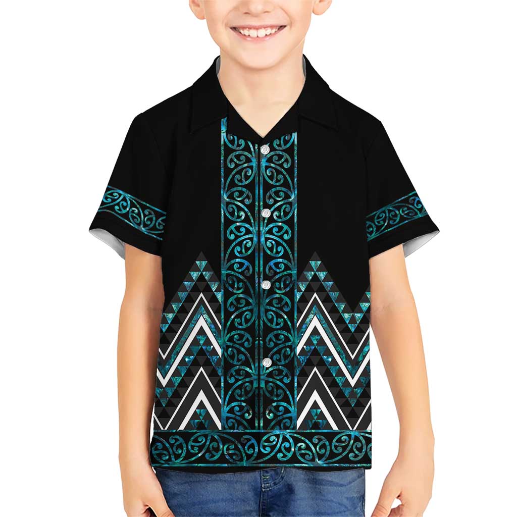 Paua Shell Aotearoa Mangopare Kowhaiwhai and Niho Taniwha Kid Hawaiian Shirt Maori New Zealand