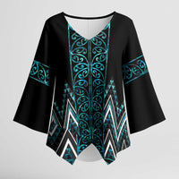 Paua Shell Aotearoa Mangopare Kowhaiwhai Niho Taniwha Kimono Sleeve Blouse Maori New Zealand - Polynesian Pride
