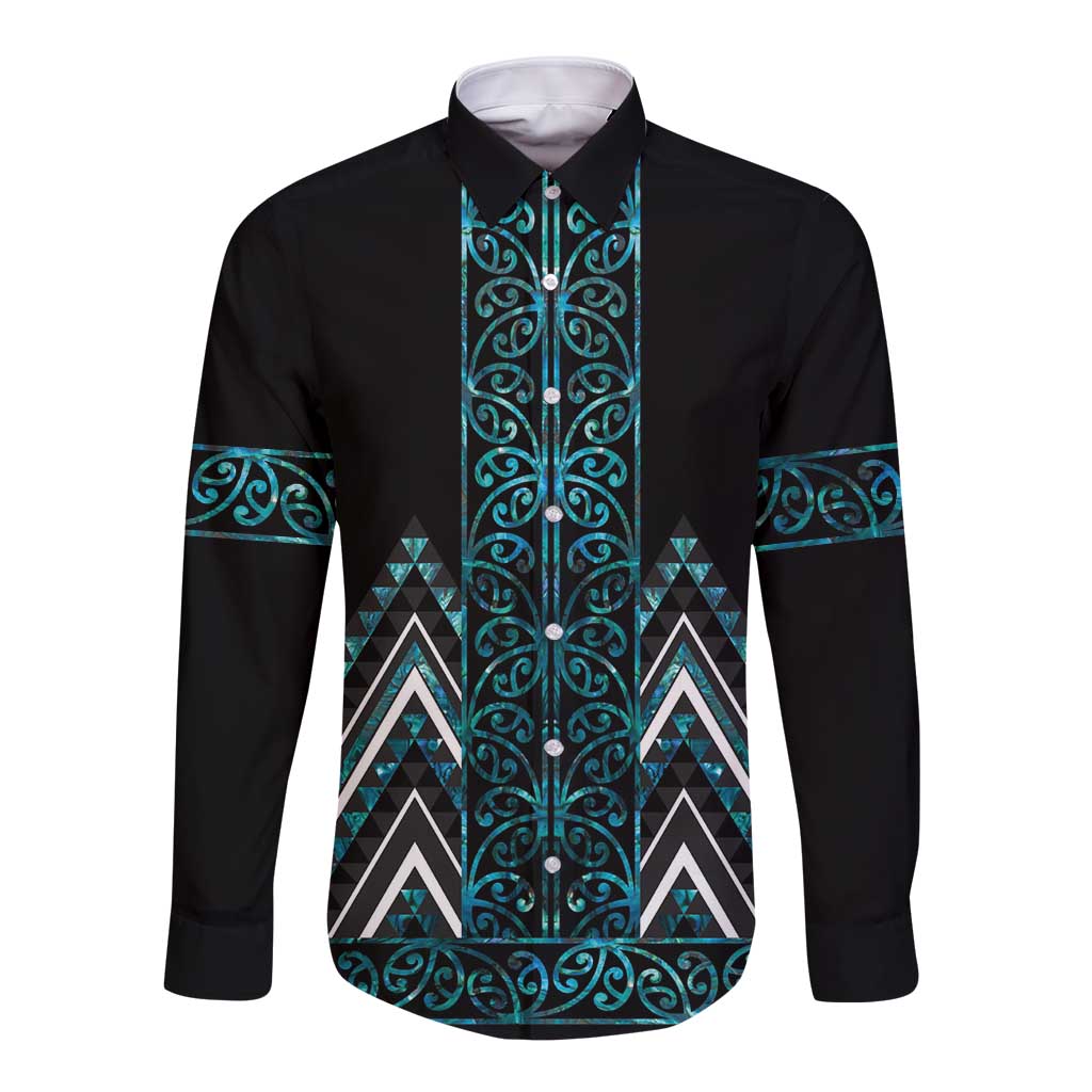 Paua Shell Aotearoa Mangopare Kowhaiwhai and Niho Taniwha Long Sleeve Button Shirt Maori New Zealand
