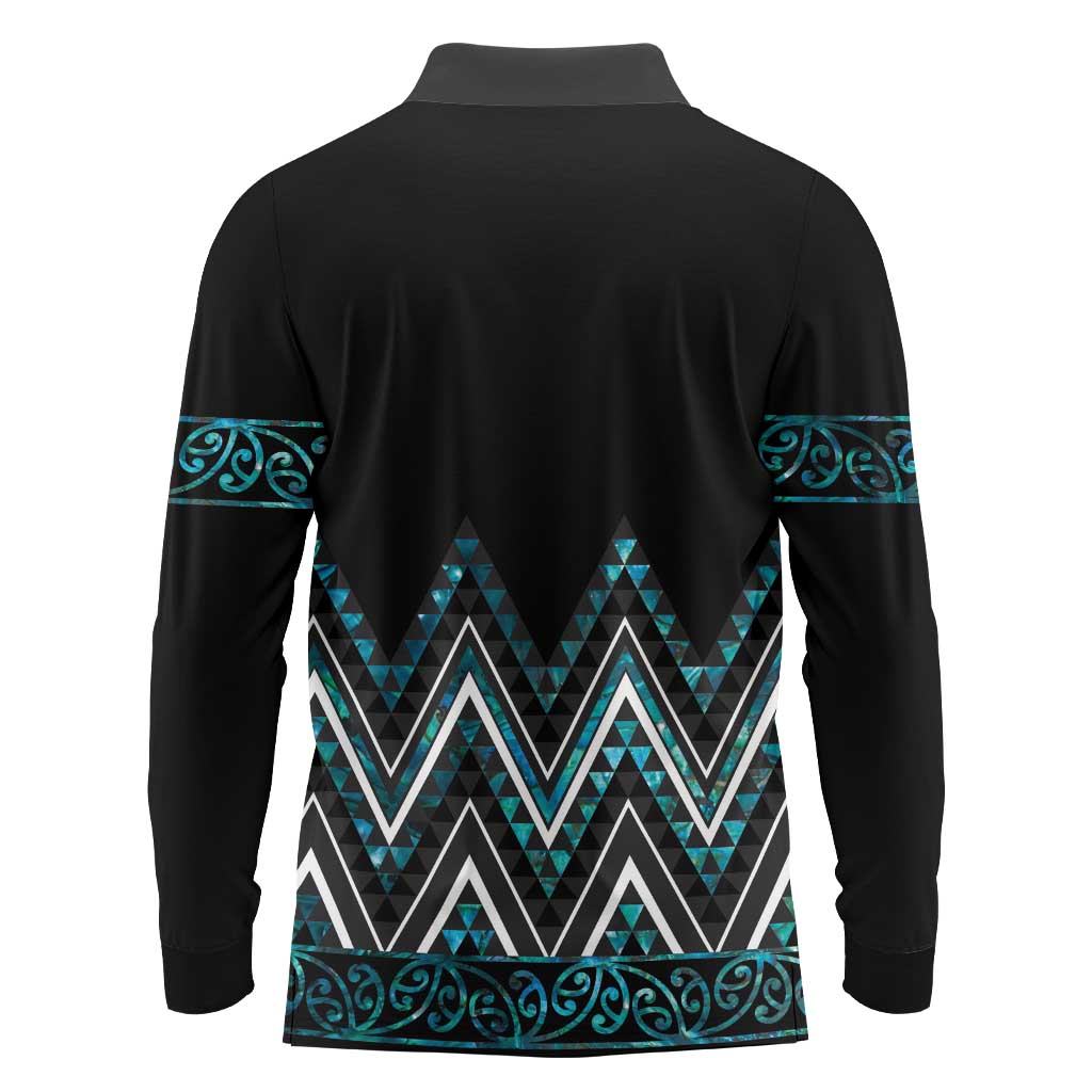 Paua Shell Aotearoa Mangopare Kowhaiwhai and Niho Taniwha Long Sleeve Polo Shirt Maori New Zealand