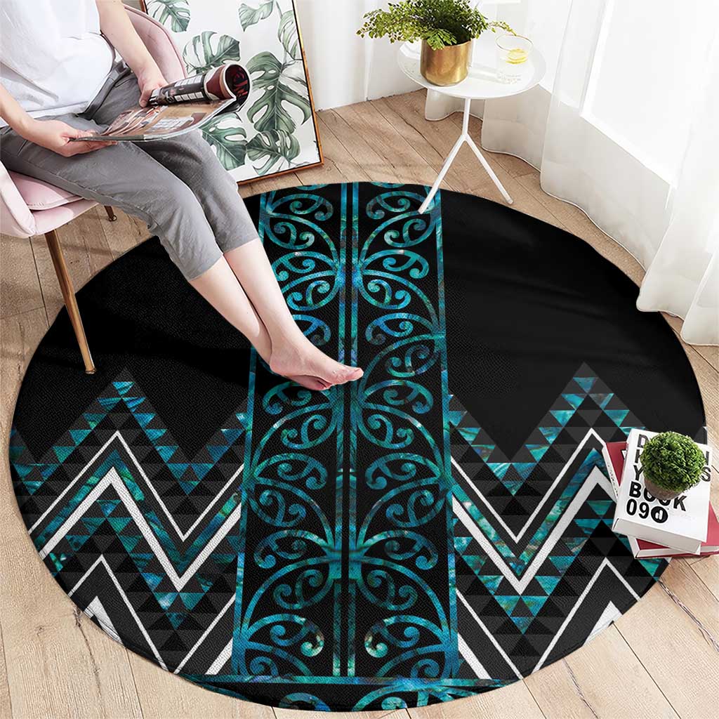 Paua Shell Aotearoa Mangopare Kowhaiwhai and Niho Taniwha Round Carpet Maori New Zealand