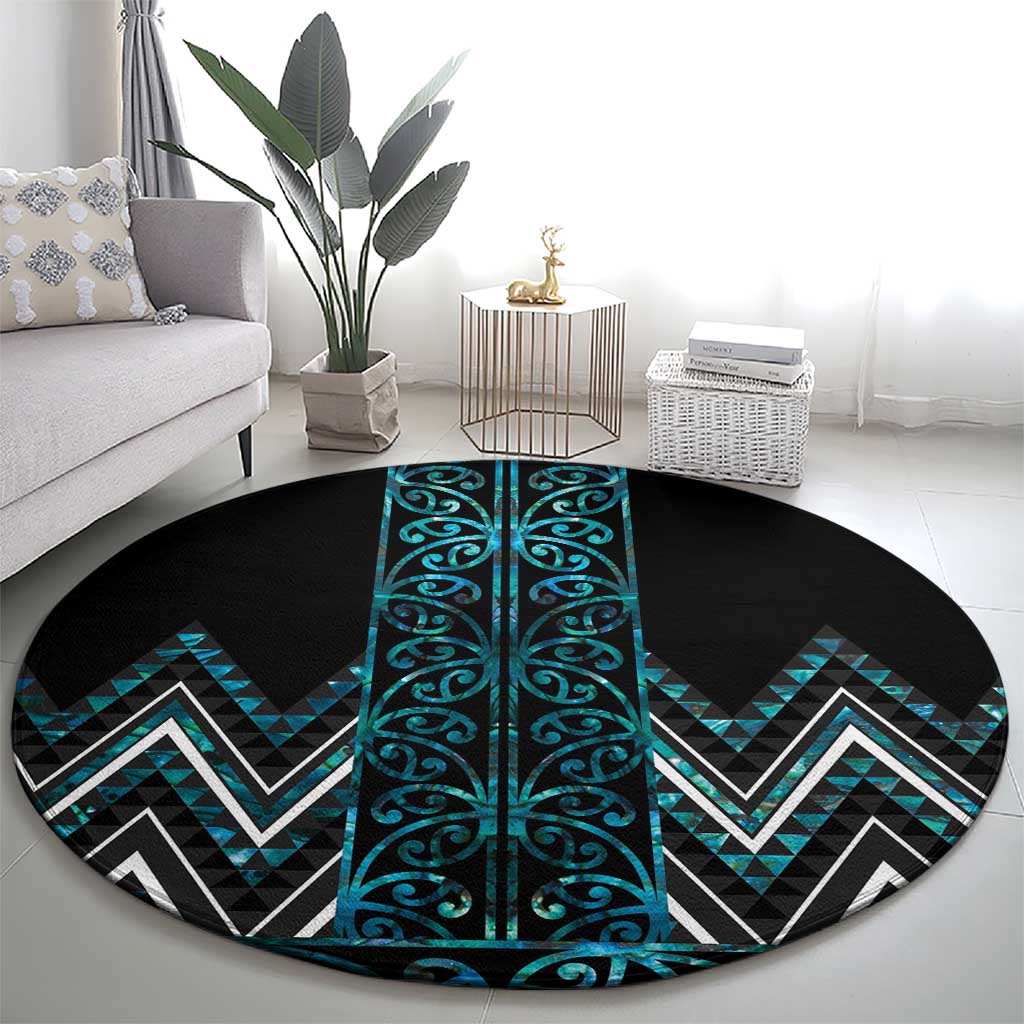 Paua Shell Aotearoa Mangopare Kowhaiwhai and Niho Taniwha Round Carpet Maori New Zealand