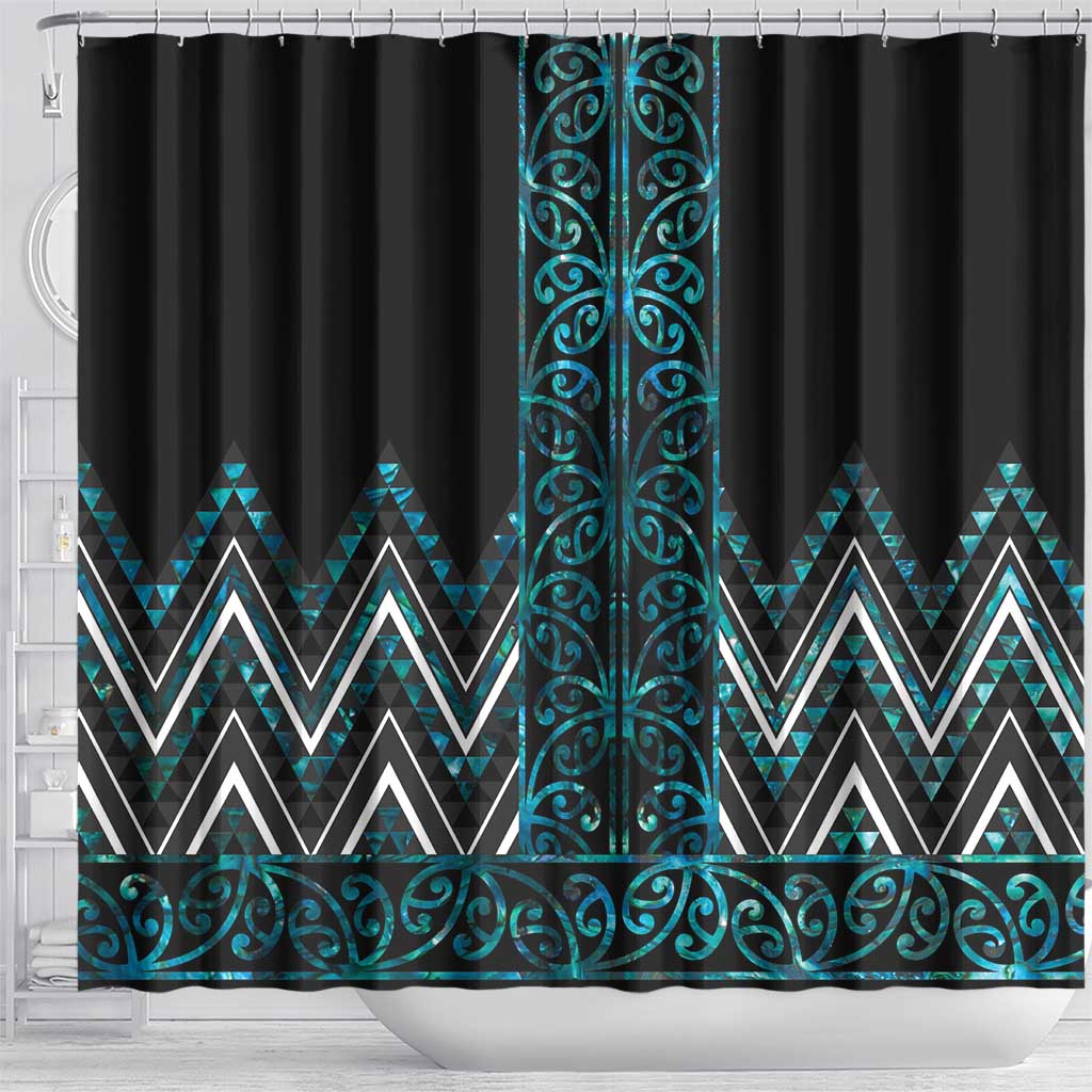 Paua Shell Aotearoa Mangopare Kowhaiwhai and Niho Taniwha Shower Curtain Maori New Zealand