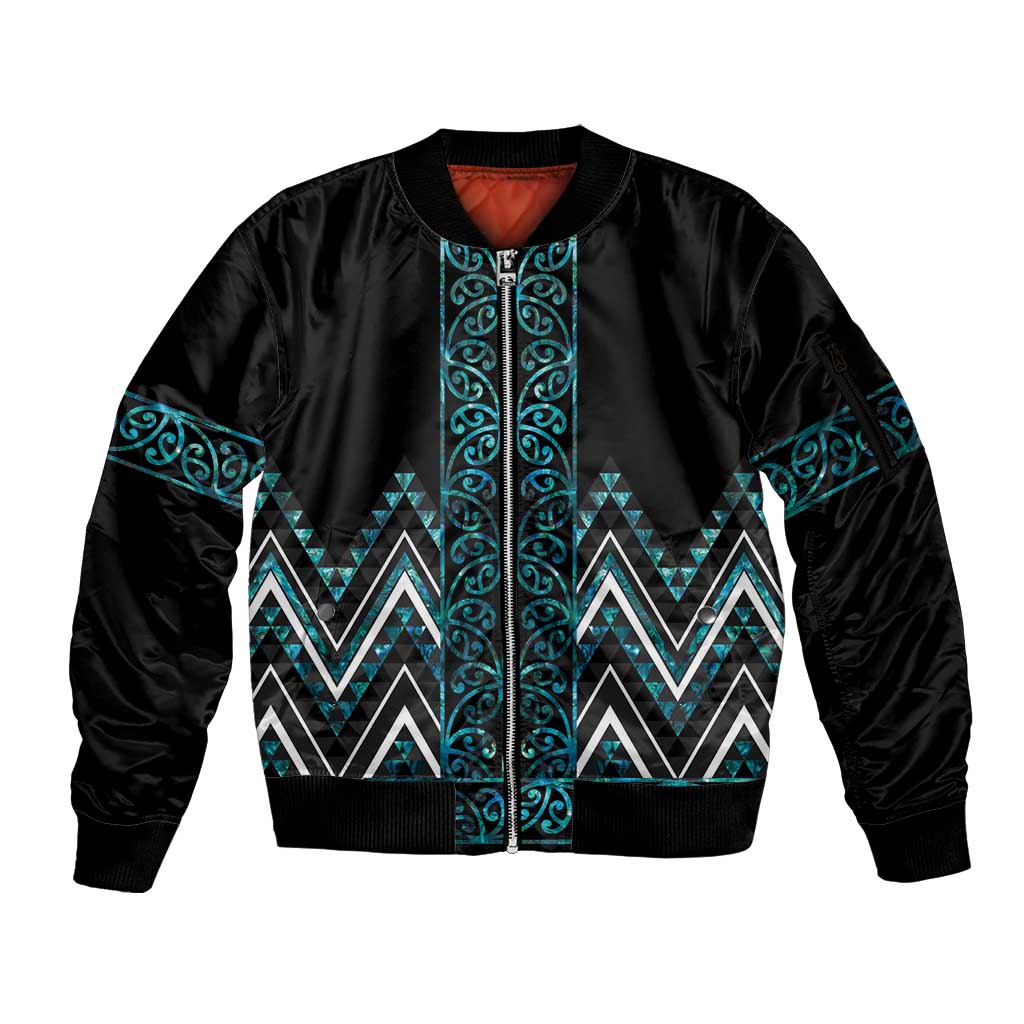 Paua Shell Aotearoa Mangopare Kowhaiwhai and Niho Taniwha Sleeve Zip Bomber Jacket Maori New Zealand