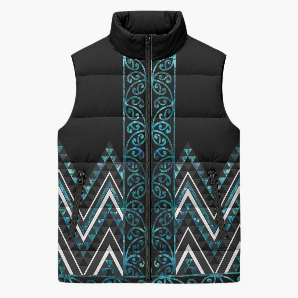 Paua Shell Aotearoa Mangopare Kowhaiwhai Niho Taniwha Sleeveless Puffer Jacket Maori New Zealand - Polynesian Pride