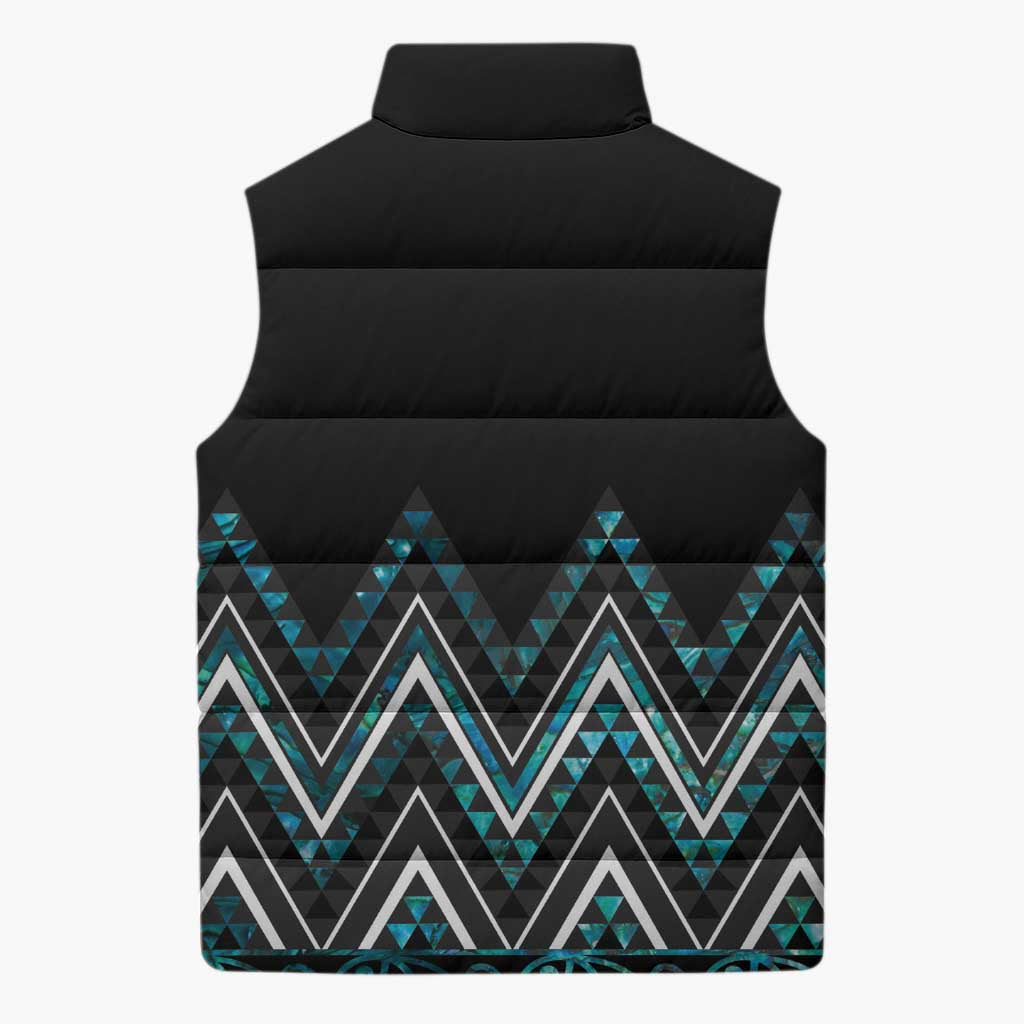 Paua Shell Aotearoa Mangopare Kowhaiwhai Niho Taniwha Sleeveless Puffer Jacket Maori New Zealand - Polynesian Pride