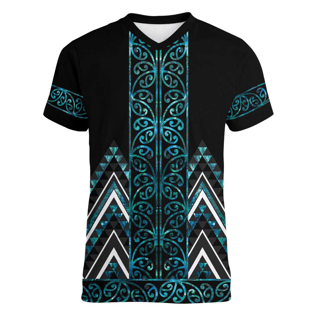 Paua Shell Aotearoa Mangopare Kowhaiwhai and Niho Taniwha Women V-Neck T-Shirt Maori New Zealand