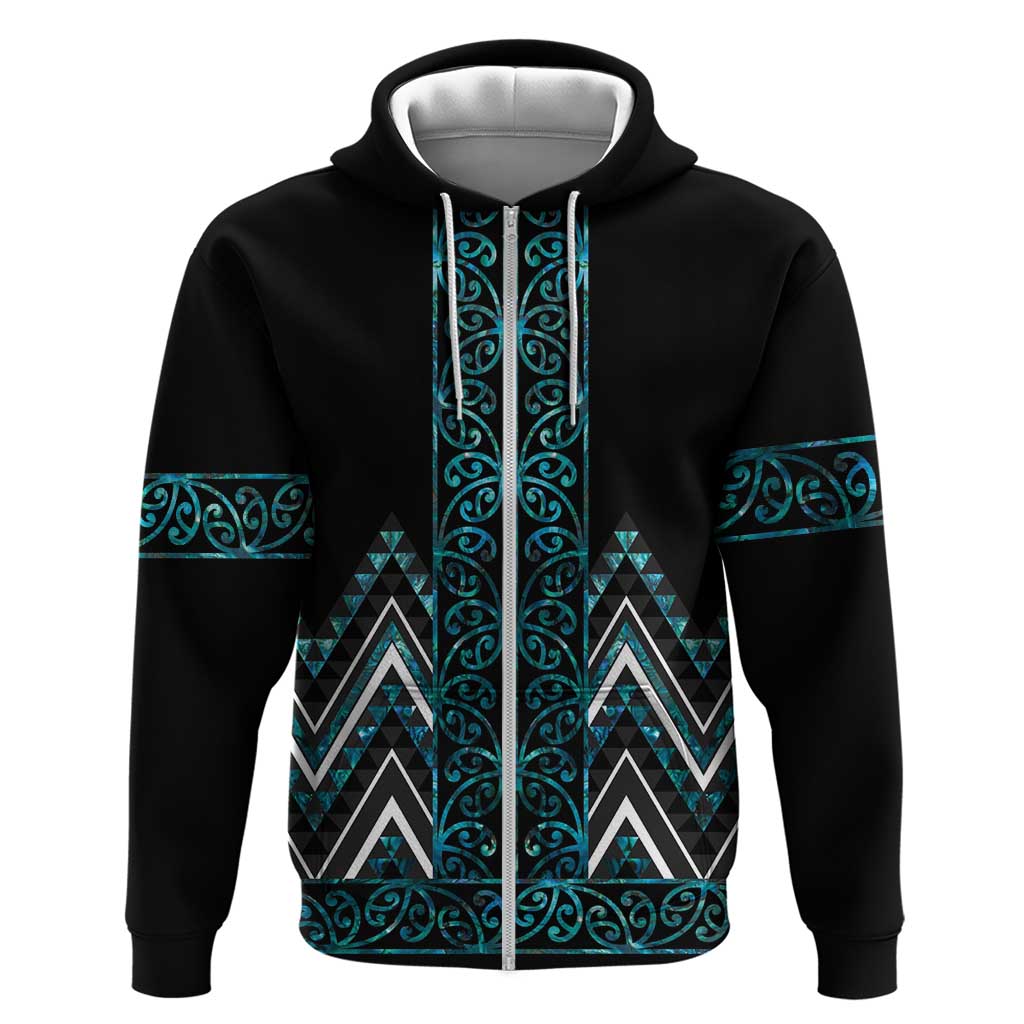 Paua Shell Aotearoa Mangopare Kowhaiwhai and Niho Taniwha Zip Hoodie Maori New Zealand