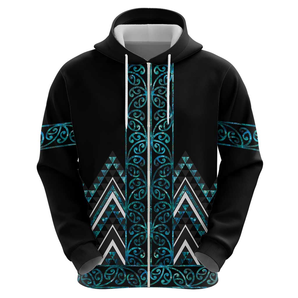 Paua Shell Aotearoa Mangopare Kowhaiwhai and Niho Taniwha Zip Hoodie Maori New Zealand