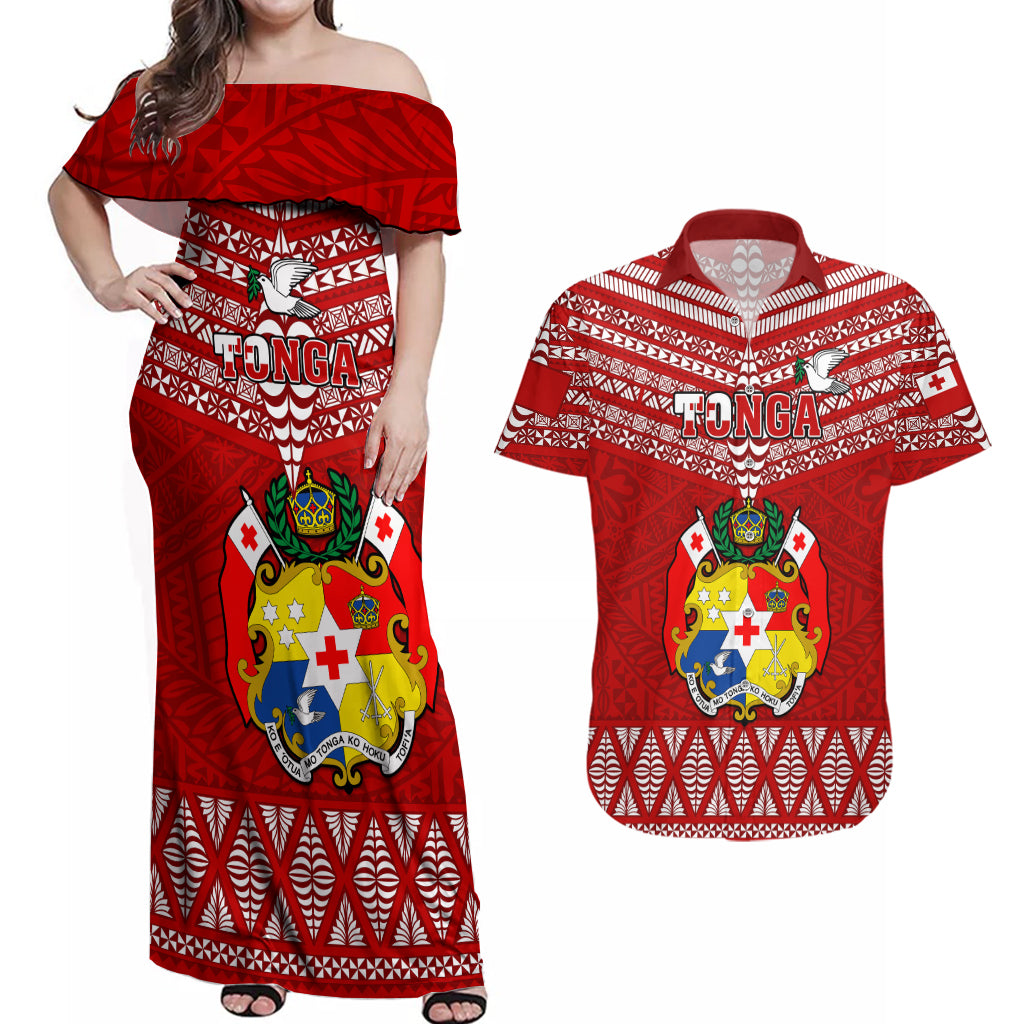 Tonga Rugby Couples Matching Off Shoulder Maxi Dress and Hawaiian Shirt 2023 World Cup Tongan Kupesi Ngatu Pattern LT14 Red - Polynesian Pride
