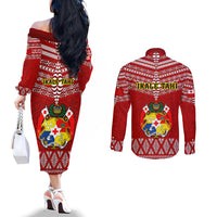 Tonga Rugby Couples Matching Off The Shoulder Long Sleeve Dress and Long Sleeve Button Shirts 2023 World Cup Tongan Kupesi Ngatu Pattern LT14 - Polynesian Pride