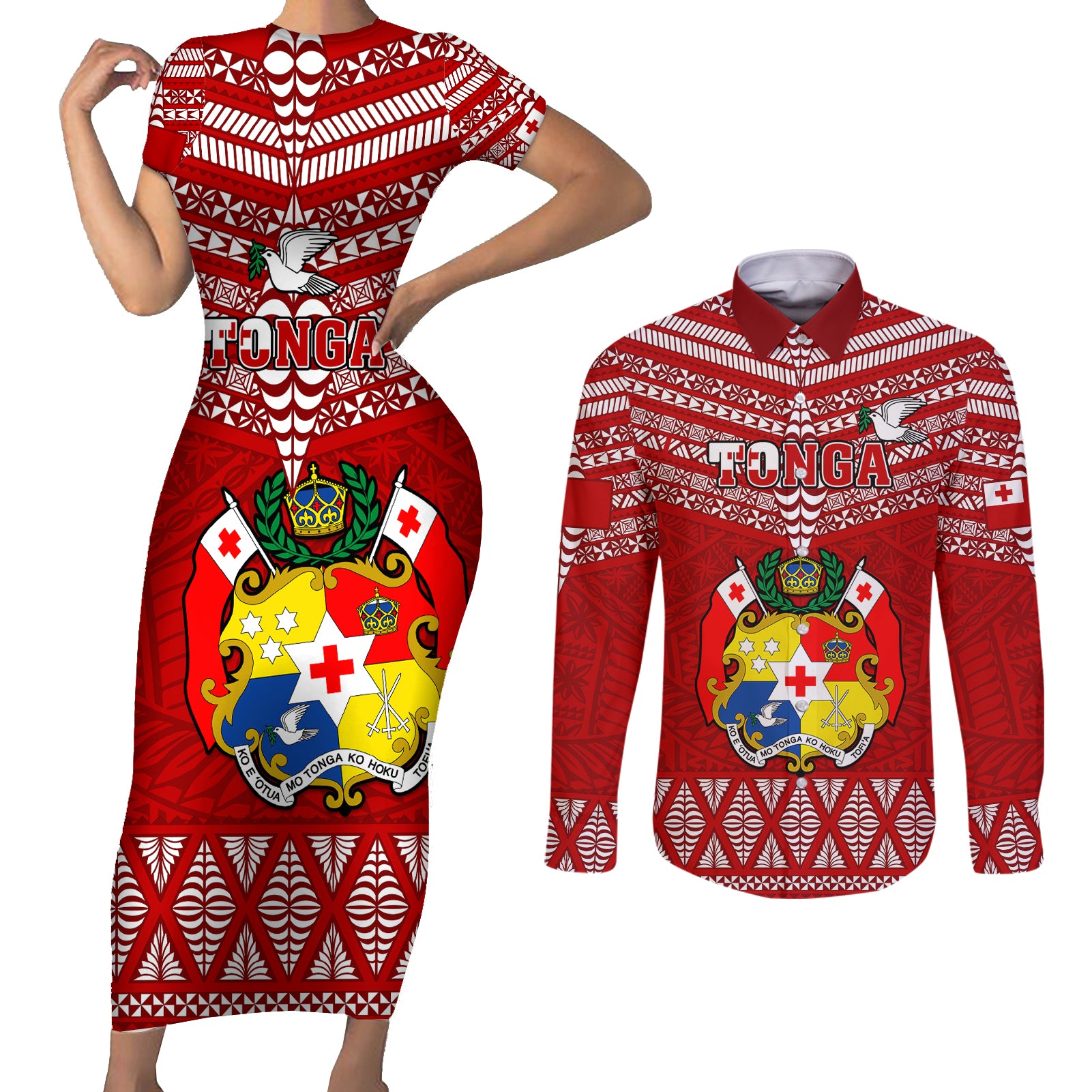 Tonga Rugby Couples Matching Short Sleeve Bodycon Dress and Long Sleeve Button Shirts 2023 World Cup Tongan Kupesi Ngatu Pattern LT14 Red - Polynesian Pride