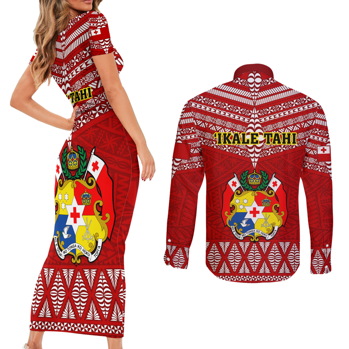 Tonga Rugby Couples Matching Short Sleeve Bodycon Dress and Long Sleeve Button Shirts 2023 World Cup Tongan Kupesi Ngatu Pattern LT14 - Polynesian Pride