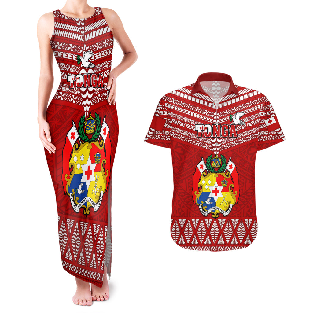 Tonga Rugby Couples Matching Tank Maxi Dress and Hawaiian Shirt 2023 World Cup Tongan Kupesi Ngatu Pattern LT14 Red - Polynesian Pride