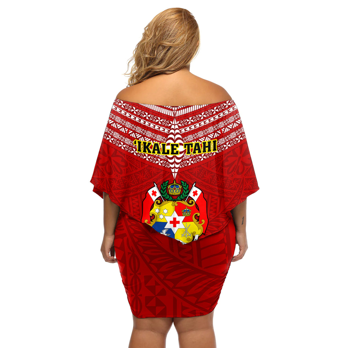 Tonga Rugby Off Shoulder Short Dress 2023 World Cup Tongan Kupesi Ngatu Pattern LT14 - Polynesian Pride