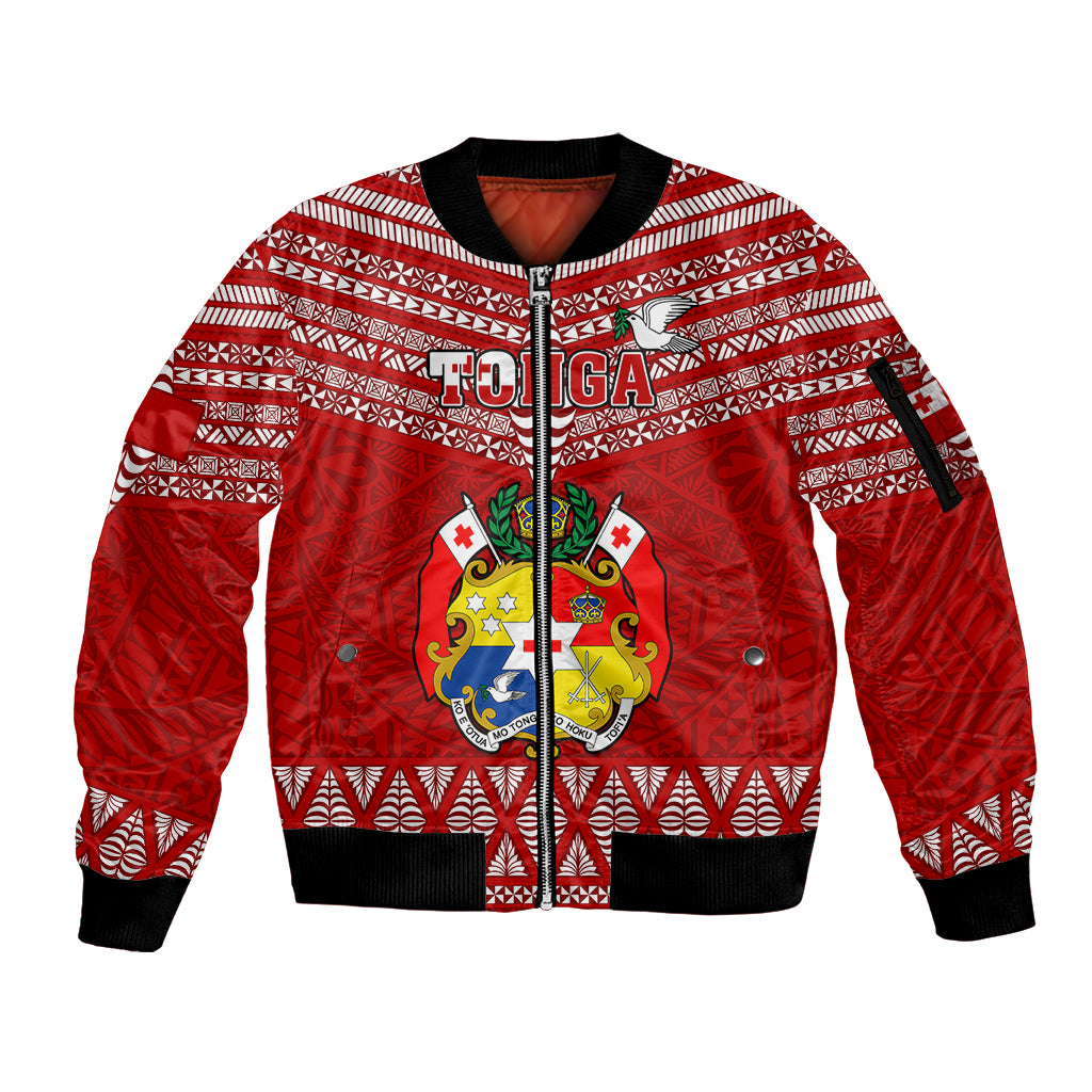 Tonga Rugby Sleeve Zip Bomber Jacket 2023 World Cup Tongan Kupesi Ngatu Pattern LT14 Unisex Red - Polynesian Pride
