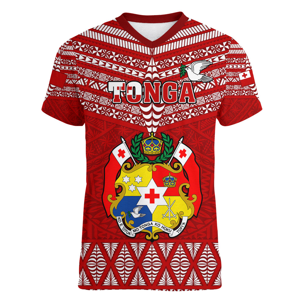 Tonga Rugby Women V Neck T Shirt 2023 World Cup Tongan Kupesi Ngatu Pattern LT14 Female Red - Polynesian Pride