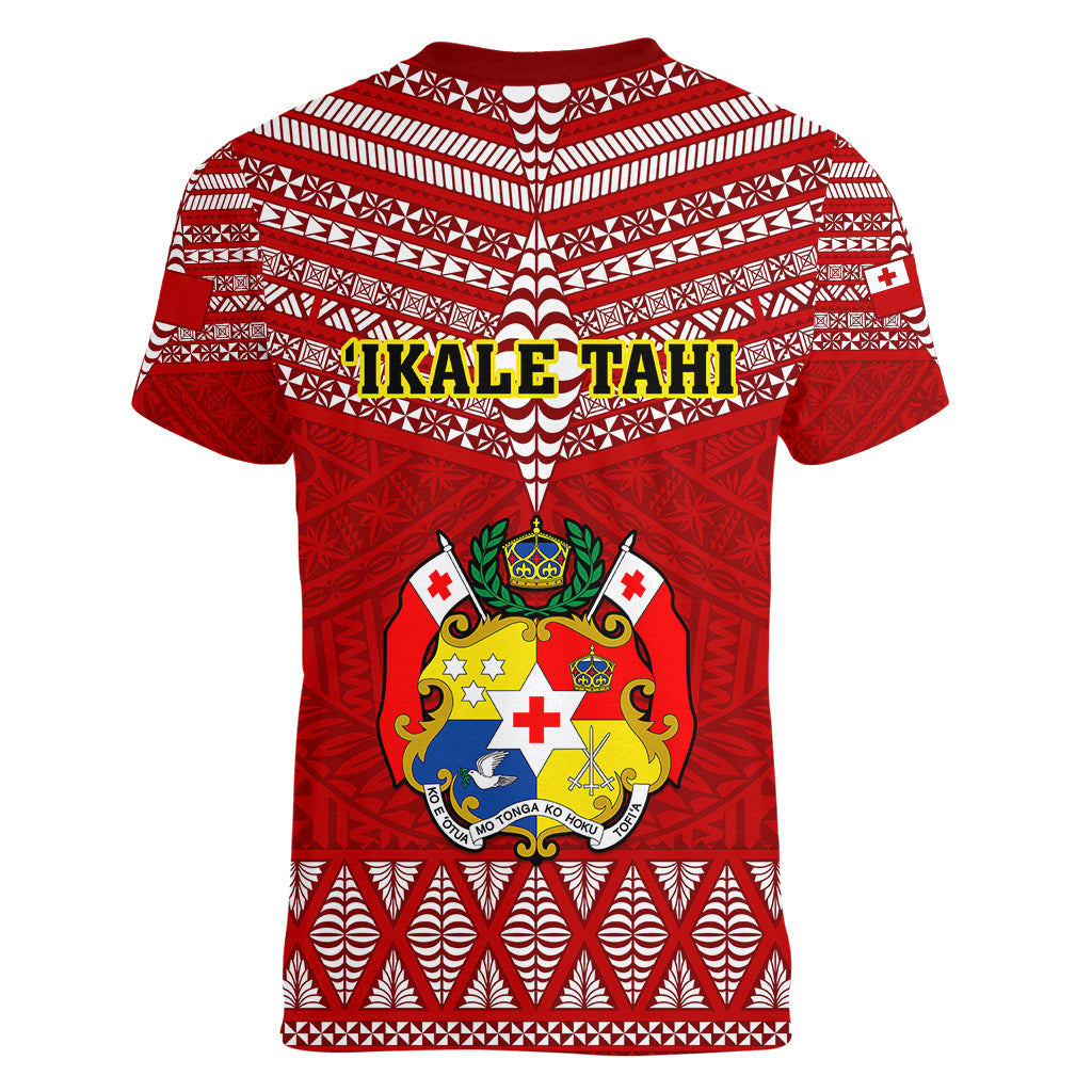 Tonga Rugby Women V Neck T Shirt 2023 World Cup Tongan Kupesi Ngatu Pattern LT14 - Polynesian Pride