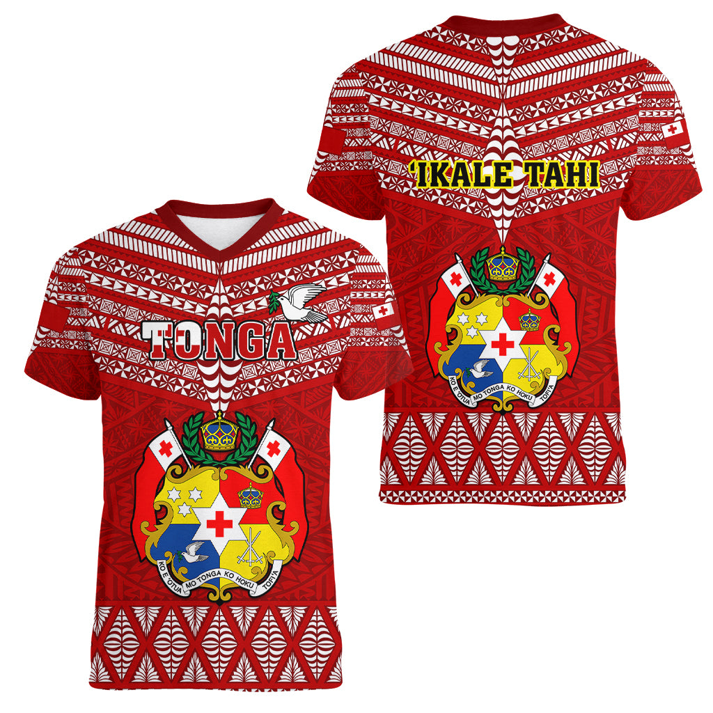 Tonga Rugby Women V Neck T Shirt 2023 World Cup Tongan Kupesi Ngatu Pattern LT14 - Polynesian Pride