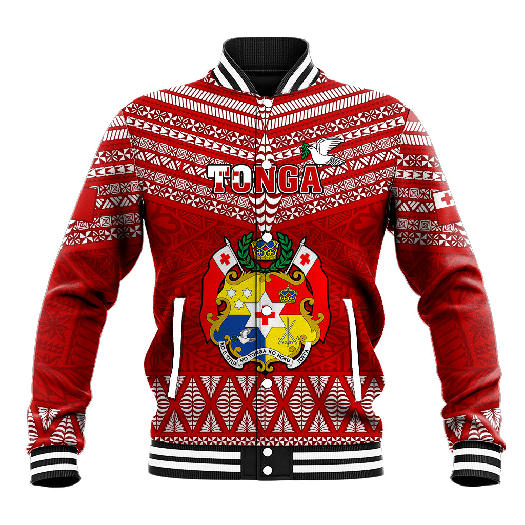 Custom Tonga Rugby Baseball Jacket 2023 World Cup Tongan Kupesi Ngatu Pattern LT14 Unisex Red - Polynesian Pride